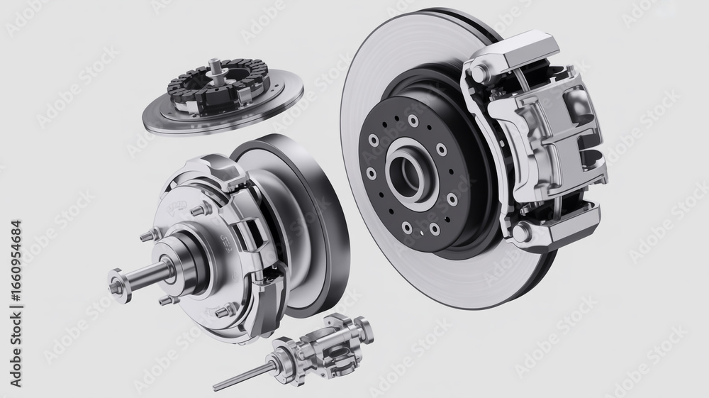 Poster exploded view of a car brake system showcasing its components and engineering, isolated on white bac