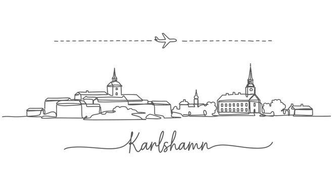 Karlshamn with Sweden skyline Simple line art.