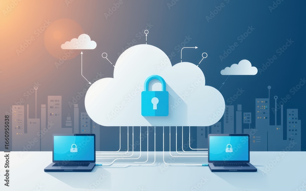 Poster cloud computing illustration with laptops and security symbol in a modern cityscape.