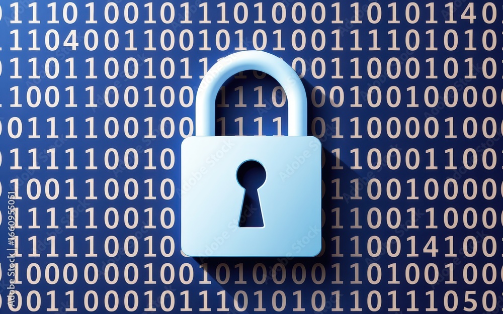 Poster digital padlock secured against a binary code background symbolizing cybersecurity.