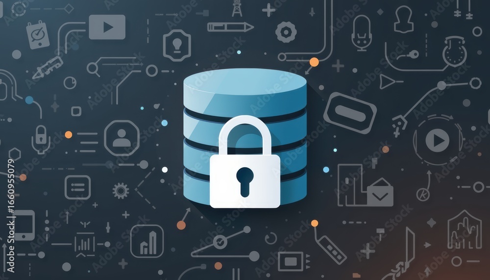 Poster digital illustration of a secure database with lock and technology icons surrounding it.