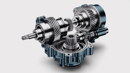 Automotive transmission cutaway showcasing intricate gears and mechanical components isolated on white background for engineering design purposes