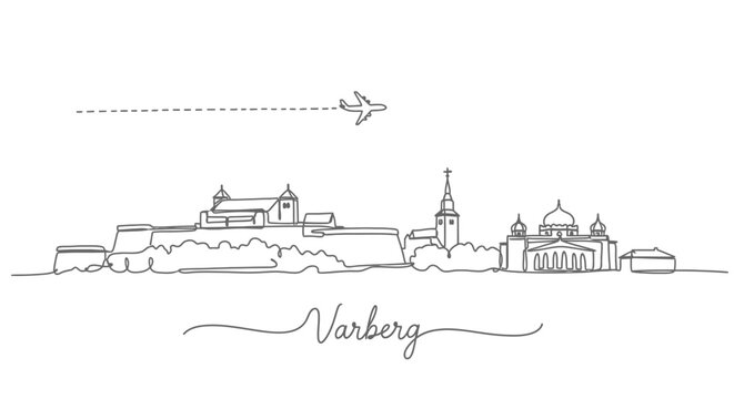 Varberg Skyline with Sweden, Line Art, and Airplane.