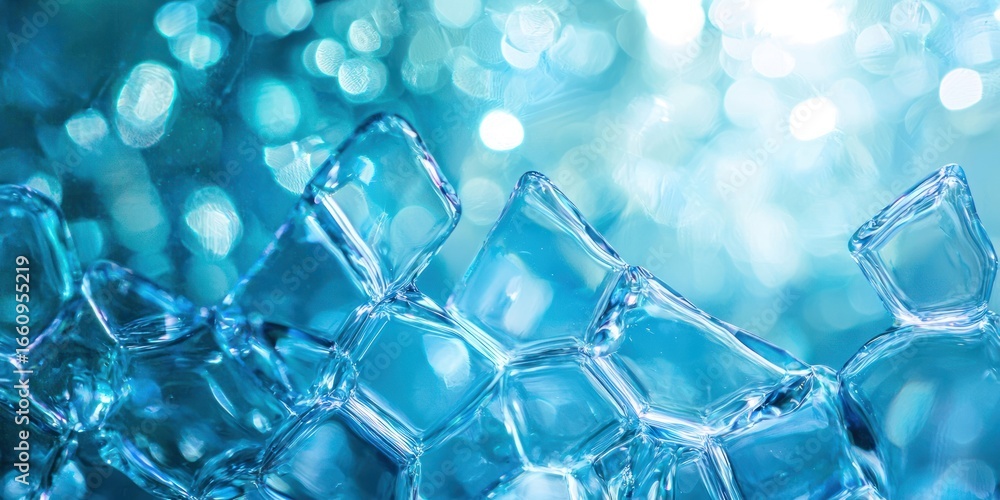 Poster a close-up photograph showcases a cluster of translucent ice cubes, partially submerged in water, cr