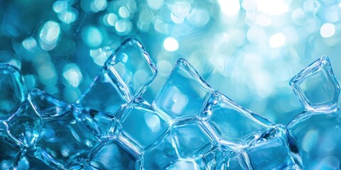 A close-up photograph showcases a cluster of translucent ice cubes, partially submerged in water, creating a mesmerizing bokeh effect