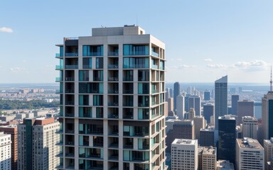 Fototapeta premium Modern high-rise building overlooks a city skyline on a clear day.