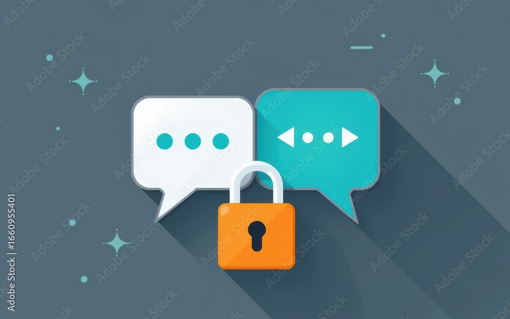 Poster secure messaging concept with chat bubbles and a padlock for privacy.