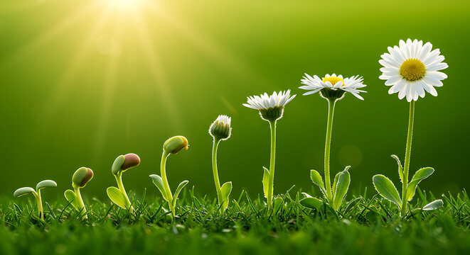 Stages of development and growth of a daisy on green background with sunlight — botanical nature illustration
