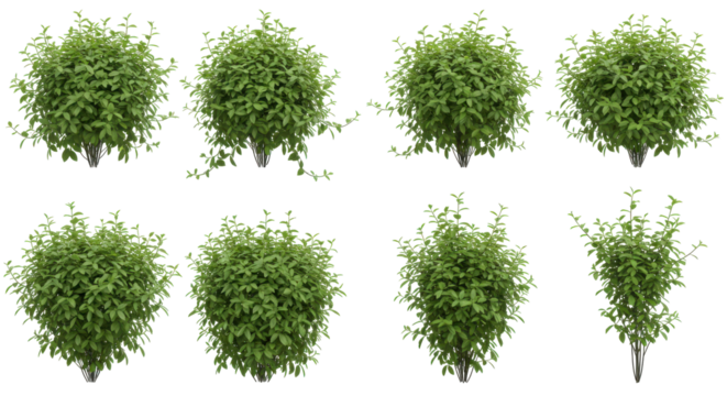 A collection of lush spherical green bushes arranged in a grid pattern showcasing vibrant foliage