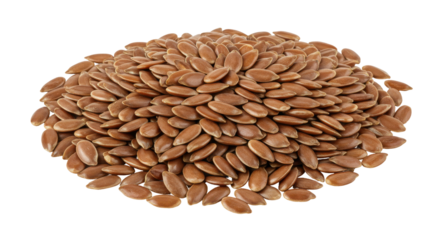 Close-up view of a large pile of brown flaxseeds isolated on white background ideal for health articles