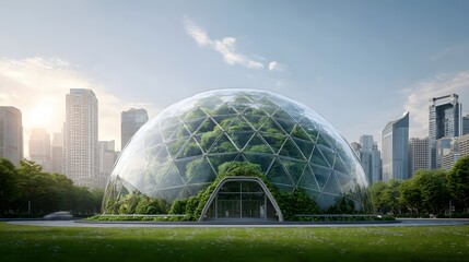 Hydroponic Plants in a Glass Dome in a City