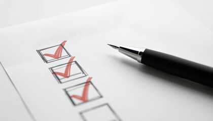 Checklist with checkmarks and a pen on paper surface.