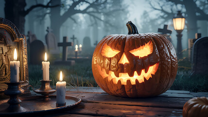 Obraz premium Halloween jack o lantern pumpkin on wooden table with carved face