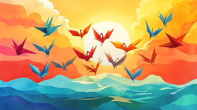 Colorful origami cranes flying above stylized water