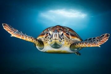 Obraz premium A beautiful green sea turtle swimming in the ocean with sunlight above