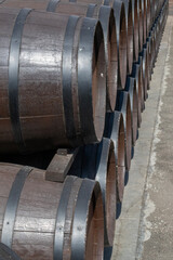 Oak barrels stand in two rows to the horizon. Wooden barrels tied with steel hoops in the sun....