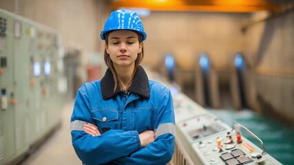 Female Engineer in the Power Plant: A determined female engineer in a protective blue work suit stands confidently inside a modern power plant, showcasing her dedication to the power industry.