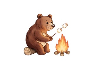 Cute bear roasting marshmallow on campfire isolated on white background