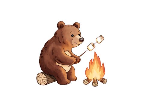 Cute bear roasting marshmallow on campfire isolated on white background
