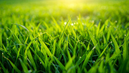 Fototapeta premium Close-up shot of vibrant green grass blades with sunlight shining through, creating a bright and fresh scene.