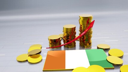 Cote d'Ivoire Flag With Finance Growth Gold Coins Chart and Arrow - Powered by Adobe