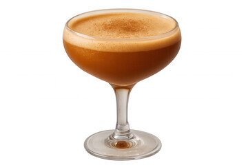 Espresso martini cocktail garnished with cinnamon powder in a coupe glass on transparent background