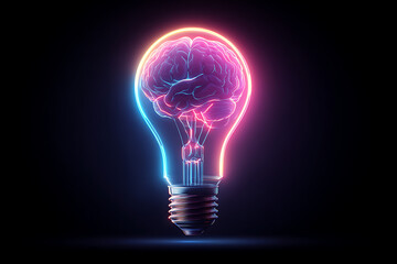 A glowing brain inside a light bulb, symbolizing creativity and innovation against a dark backdrop