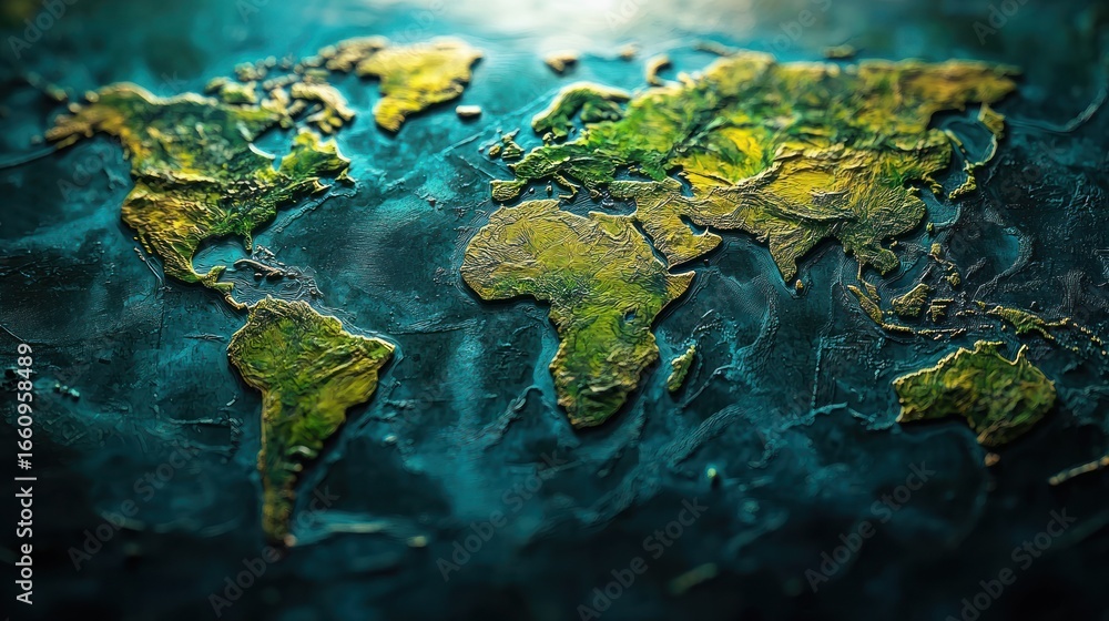 Poster a textured 3d map of the world is displayed on a dark, reflective surface. the map features a detail