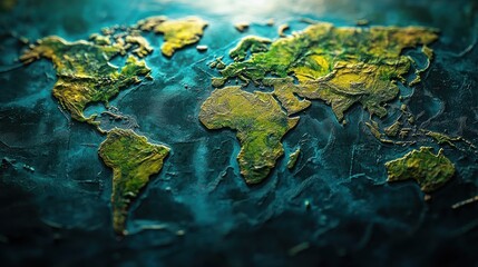 Fototapeta premium A textured 3D map of the world is displayed on a dark, reflective surface. The map features a detailed relief representation of continents and oceans
