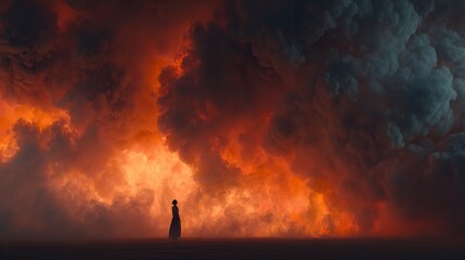 Dramatic lady standing before inferno of flames in epic, surreal, apocalyptic landscape scenery.