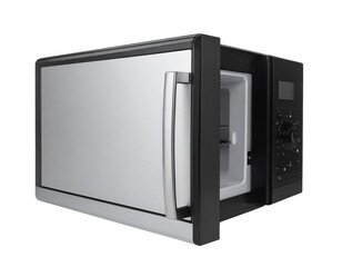 Fototapeta premium “High-Tech Kitchen Built-in Microwave with Open Door, isolated on transparent background”.