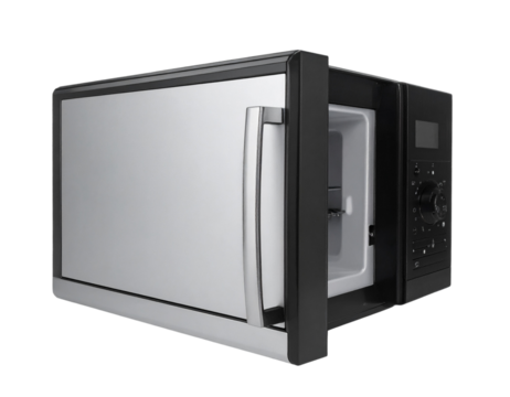  “High-Tech Kitchen Built-in Microwave with Open Door, isolated on transparent background”.