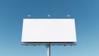 Empty white billboard with metal framework against a clear blue sky