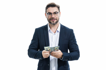 Businessman with money dollars banknotes in studio.
