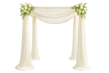 Wedding arch draped with white cloth and decorated with flowers on transparent background