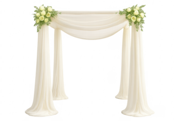 Wedding arch draped with white cloth and decorated with flowers on transparent background