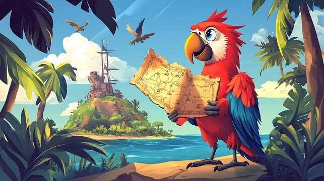 Colorful parrot with treasure map on tropical island