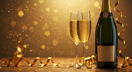 Sparkling golden champagne fills two glasses, celebrating a festive occasion with elegance and joy.