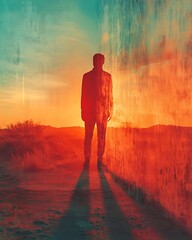 Fototapeta premium Silhouette Against Vibrant Orange and Teal Sunset with Long Shadow