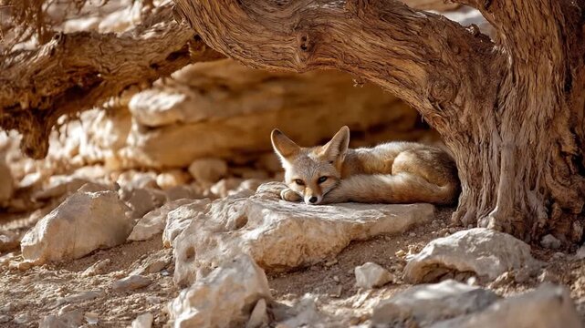 Fennec Fox Resting: A captivating portrait of a fennec fox nestled under a tree, seeking refuge and relaxation in the warm desert environment, with captivating details.