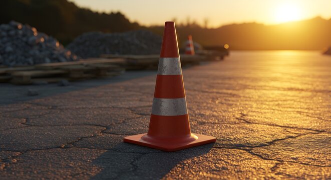 Illuminated traffic cone stands on cracked asphalt road during sunset, safety and caution theme.