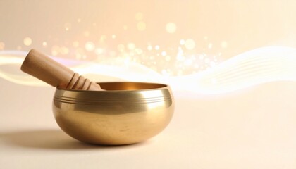 A Serene Golden Singing Bowl and Mallet with Gentle Bokeh and Light