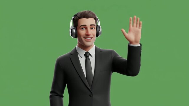 Animated man in a suit and headphones smiles and waves his hand against a green background.