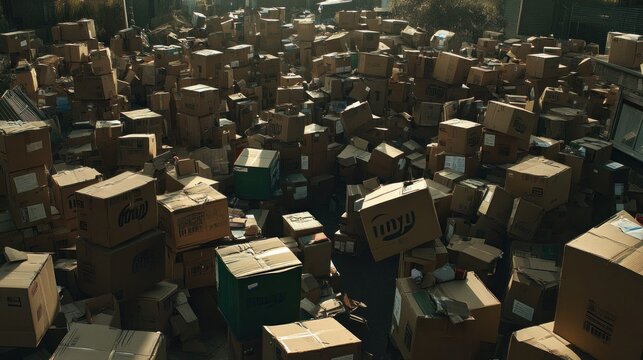 Overwhelming accumulation of cardboard boxes symbolizing waste and consumption challenge a