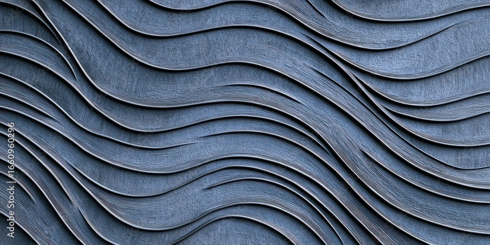 Poster a close-up shot of a textured, blue-grey wall with undulating, wave-like patterns. the surface appea
