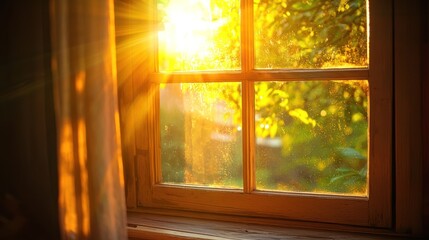 Fototapeta premium Sunlight streams through a window, illuminating a wooden window frame and casting a warm glow across the room. The window reveals a lush green garden scene outside