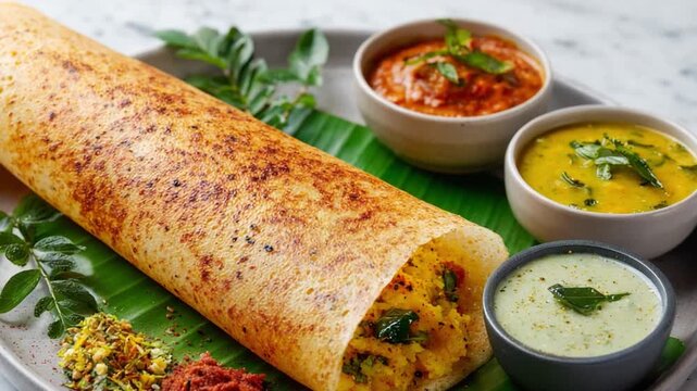 Savory Dosa: A culinary delight, showcasing the South Indian dosa. Rolled and presented with vibrant accompaniments, this food image promises a flavor-filled journey