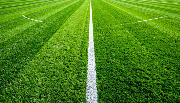 Close-up view of a vibrant green soccer field with white markings, showing the center line. - Powered by Adobe