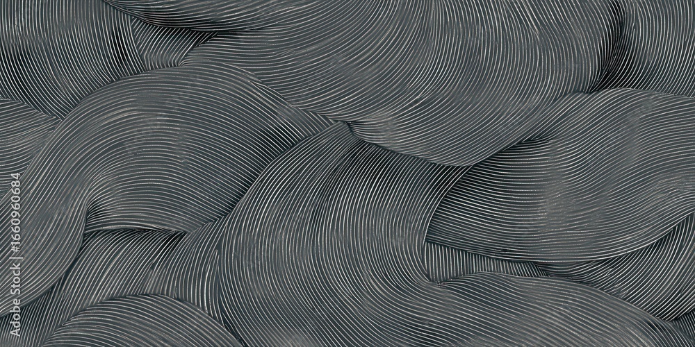 Poster a close-up shot of a draped, gray fabric with a prominent, undulating pattern. the fabric is heavily