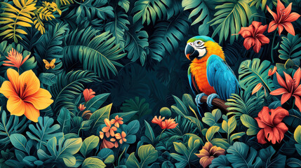 A vibrant jungle scene, meticulously illustrated in a flat vector style, stands alone against a clean white background. Lush greenery, exotic birds, and playful monkeys populate the scene, evoking 